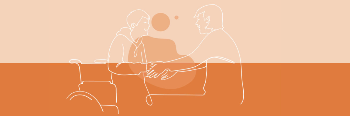 Eine Illustration mit weißen feinen Strichen: Ein Mann im Rollstuhl reicht einem anderen Mann die Hände
